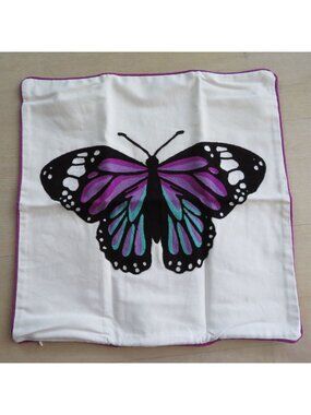 Embroidered Butterfly 18"x18" Decorative Pillow Cover 100% Cotton Spot Clean